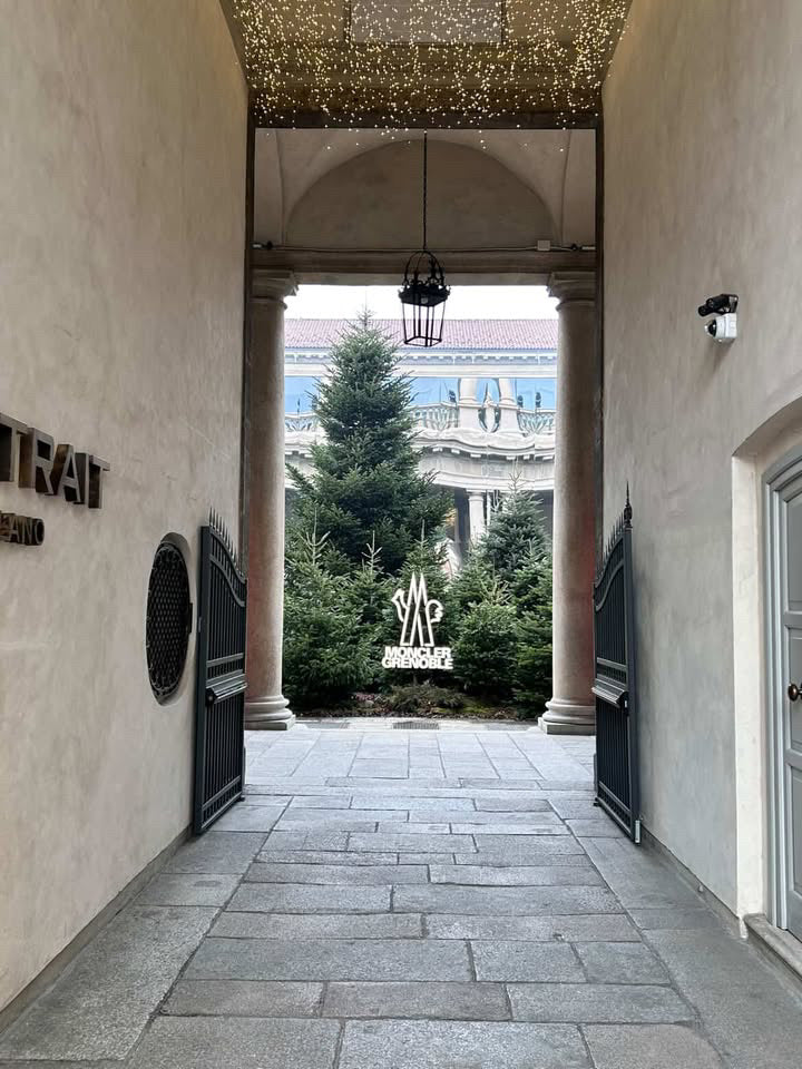 Moncler Beyond Performance Exhibit entrance at Portrait Hotel Milano, February 2026 – where iconic history meets olfactive art.